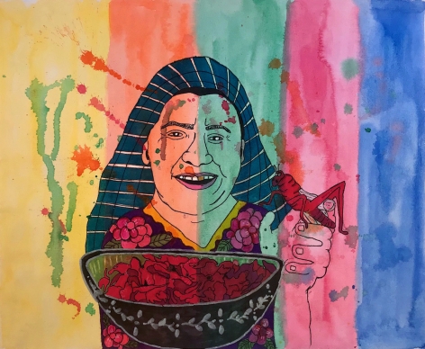 Karla Diaz, Eating Chapulines (Grasshoppers) with Cousin, 2021, Watercolor and ink on paper, 12 x 18 in.