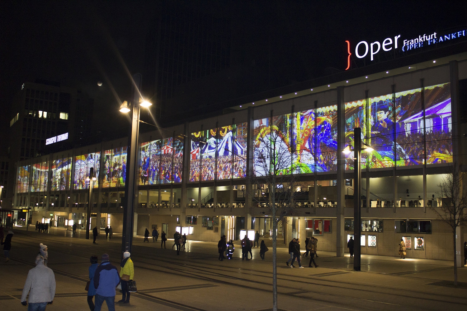 The Great Farce,&nbsp;2017, nine channel video installation, color, sounds,&nbsp;8:11 minutes.
Installation view of Schauspiel Frankfurt in Frankfurt, Germany. Dimensions: 18 x 120 yd.