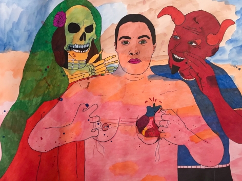 Karla Diaz, La Santa Muerte, Yo, y El Diablo, 2021, Watercolor and ink on paper