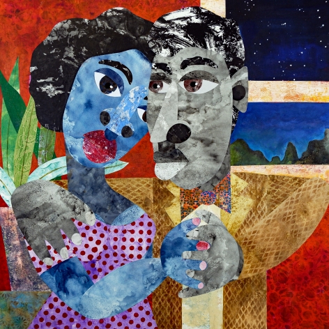 Evita Tezeno, It's Always Better When We're Together, 2021, Mixed media collage and acrylic on canvas, 36 x 36 in.