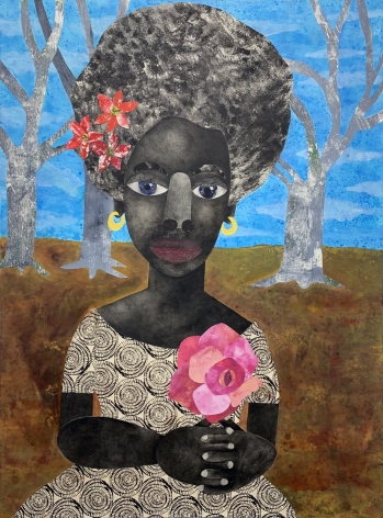 Evita Tezeno, She sits silently and watches the world around her, 2021, Mixed media collage on canvas, 48 x 36 in.