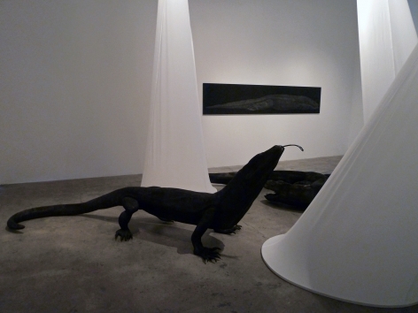 Installation View of Marisol Rendón: So, Dragons Do Exist?  2013 Wood, fabric, lighting Variable dimensions.