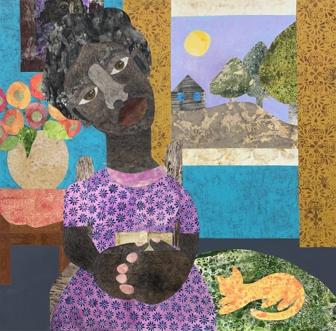 Evita Tezeno, Come and Rest a Little While, 2022, Mixed media collage and acrylic on canvas, 48 x 48 in.