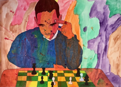 Karla Diaz, Chess with Jens, 2021, Watercolor and ink on paper