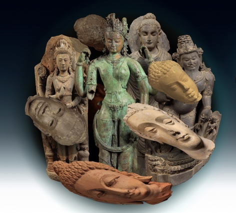 Ken Gonzales-Day Transformation: (left) Nepal, The Androgynous Form of Shiva and Parvati, (Ardhanarishvara); surrounded by, India, Head of Buddha Shakyamuni; Cambodia, Head of Buddha Shakyamuni; Indonesia, Brahma, the God of Creation; Pakistan, Buddha Shakyamuni; India, The Maharishi; India, Head of Buddha Shakyamuni; (center) Egypt, Figurine of the Goddess Bastet as a Cat, Royal Head, Nubian Female Figure, Statuette of Osiris, Foot, Baboon, Head of Osiris, Kneeling Priest Figurine in Worshipping Pose; (right) Japanese, Eleven-headed Kannon, Buddhist Layman, Melanesian with Drum, Amida Buddha; Unjudō Shumemaru, The Zen Priest Bukan; Japan, Monkey with Mermaid swimming to the Dragon King&rsquo;s Palace (all LACMA), 2019Auguste Rodin, Left Hand of a Pianist (LACMA)&nbsp;,&nbsp;2019