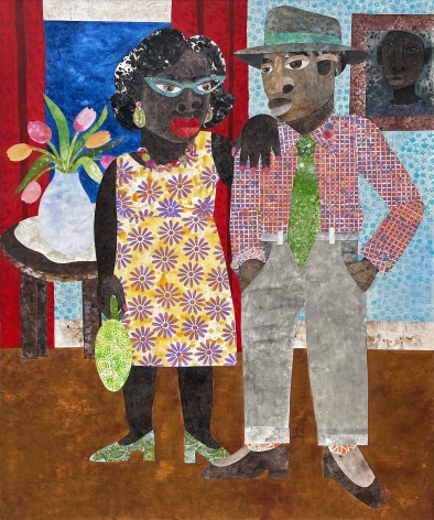 Evita Tezeno, We Are Going to Cut the Rug Tonight!, 2022, Mixed media collage and acrylic on canvas, 60 x 48 in.