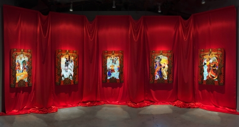 Federico Solmi, "The Ballroom," 2016, Installation of 5 animated video-paintings in handmade artist frames, 14 x 32 feet