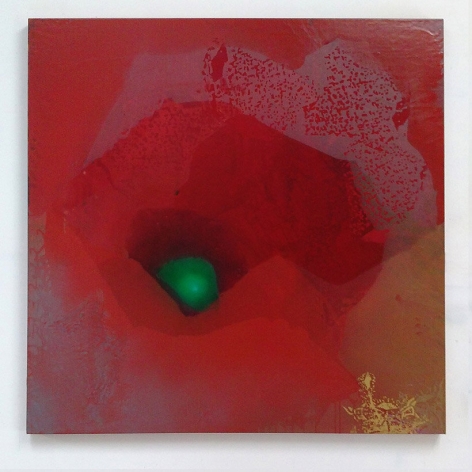 Nancy Evans, Red Void, 2014, Acrylic, airbrush, and silkscreen on canvas, 48 x 48 in.